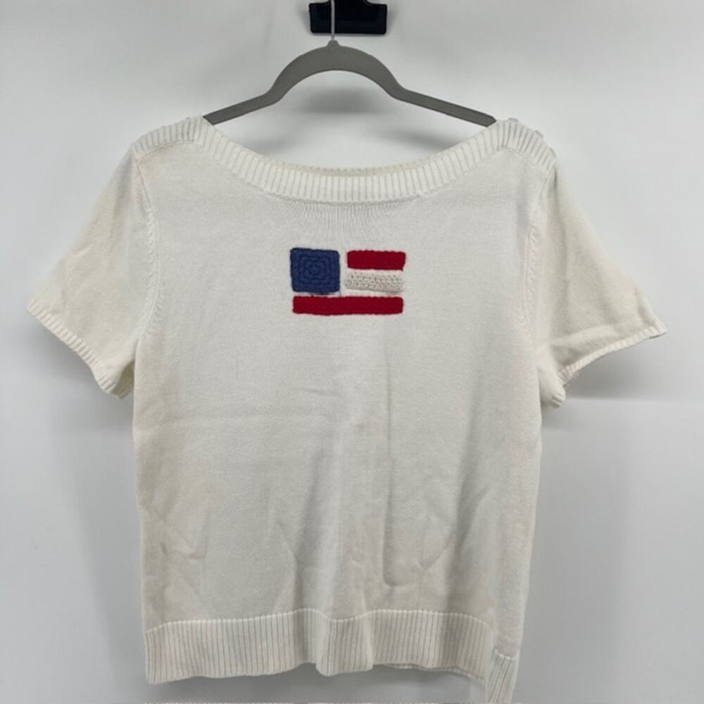 Christopher & Banks July 4th Patriotic Sweater Womens L Crochet Flag Buttons